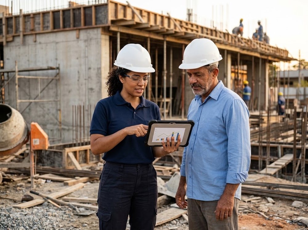 Engenheira e mestre de obras conferindo o andamento da obra num tablete, no canteiro