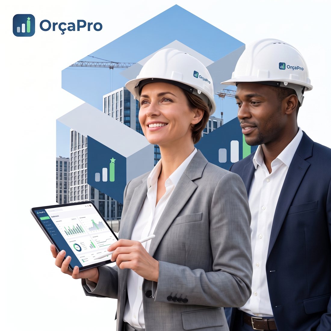 Engenheira e engenheiro de capacete consultando o painel do OrçaPRO num tablete, com a obra ao fundo